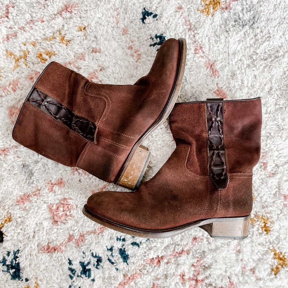 Sundance Brown Suede Slouchy Calf Pull On Boots w Leather Stitch Detail